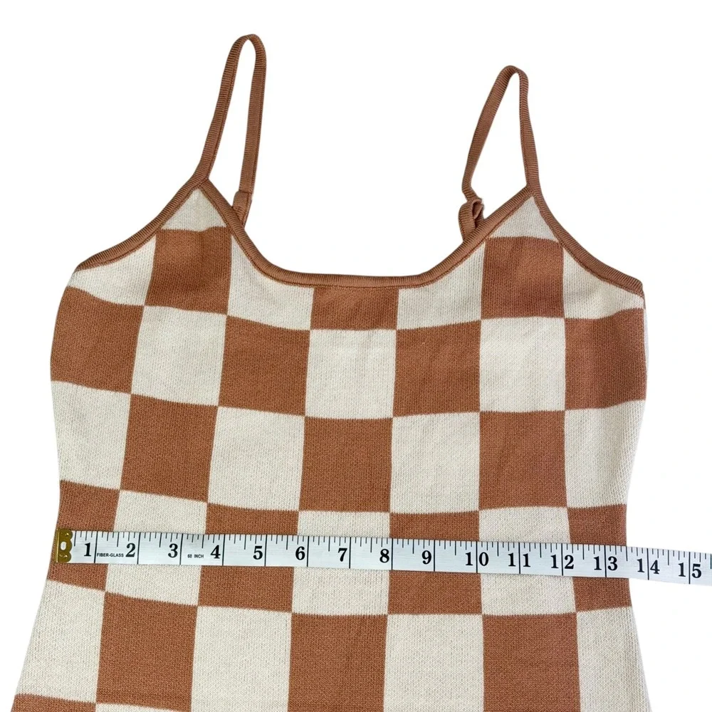Checkered Maxi Dress M Retro Y2K 70s Brown Cream Bodycon Knit Vintage Inspired - Picture 7 of 9
